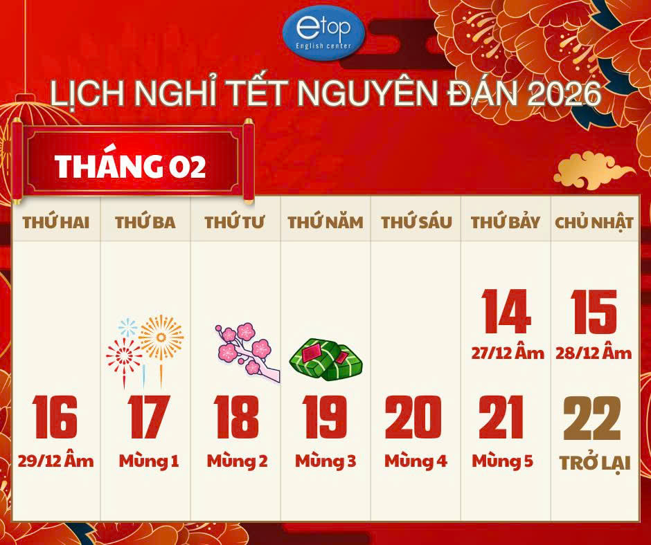 THÔNG BÁO LỊCH NGHỈ TẾT NGUYÊN ĐÁN 2026 VÀ TUYỂN SINH LỚP 2